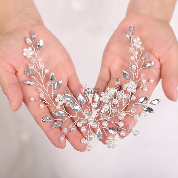 Accesoriu elegant pentru decor par AP010GG Argintiu cu cristale si perle + 2 agrafe